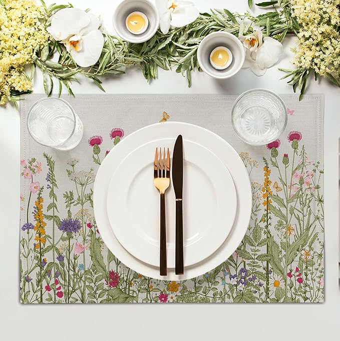 Rustic Wildflower Floral Placemats Set of 4 Spring Summer Vintage Flowers Plants Herbs Linen Table Mats 12x18 Inch Seasonal Flower Decorative Place mats for Farmhouse Kitchen Dining Decoration