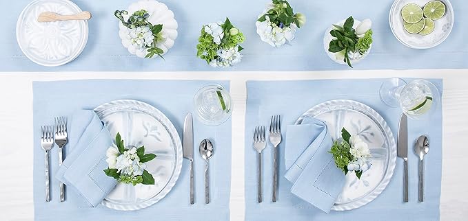 Solino Home Linen Sky Blue Table Runner 72 Inches Long - 100% Pure Linen Hemstitch Table Runner 14 x 72 Inch for Dresser, Dining - Classic Hemstitch