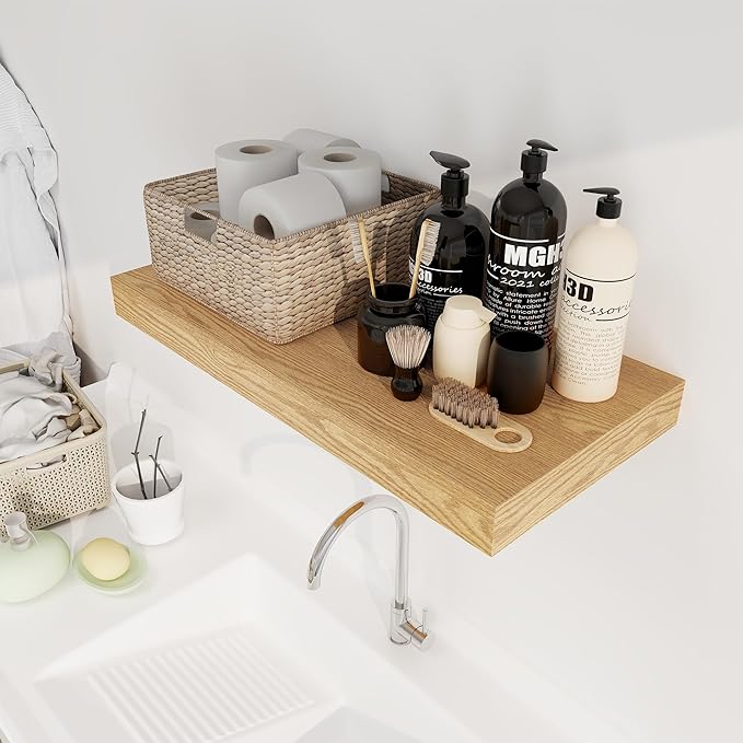 12 Inch Deep Floating Shelves, 24 x 12 Floating Shelf for Books, Rustic Wood Deep Wall Shelves for Home Storage & Display, 2" Thicked Shelves for Kitchen, Living Room, Bedroom, Oak Color, 1 Pack