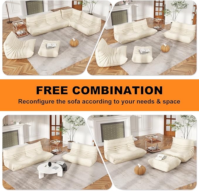 Full Foam Loveseat Sofa,Adults Bean Bag Chairs Floor Couch with Soft Waterproof Fabric,Armless Fireside Lounge Chair for Living Room,Apartment and Office (Whtie)