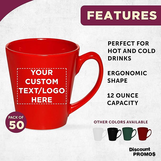 DISCOUNT PROMOS Custom Glossy Ceramic Latte Coffee Mug 12 oz. Set of 50, Personalized Bulk Pack - Perfect for Tea, Espresso, Cappuccino, Hot Cocoa - Red