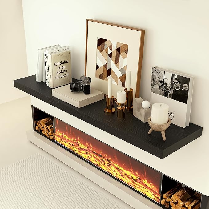 Heimlove 12 Inch Deep Floating Shelves, 55 x 12 inches Long Wall Shelf, Large Extra Display Shelf & Storage Shelf, Rustic Wood Wall Shelves for Fireplace Mantel, Set of 1(Black)