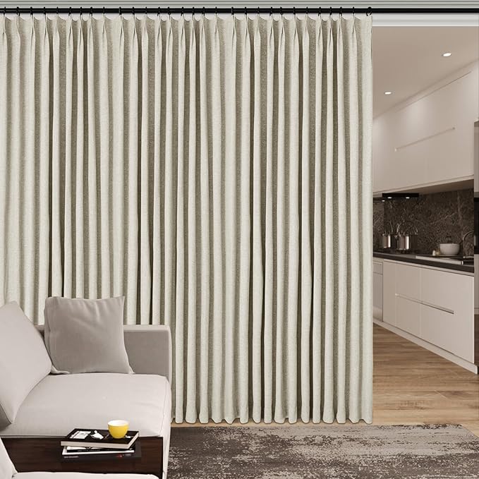 Ivory White Pinch Pleat 100% Blackout Drapes Linen Blend, Room Divider, Room Darkening, Energy Saving, Furniture Protecting, Light Blocking Extra Wide Privacy Curtains, 200Wx102L, 1 PC