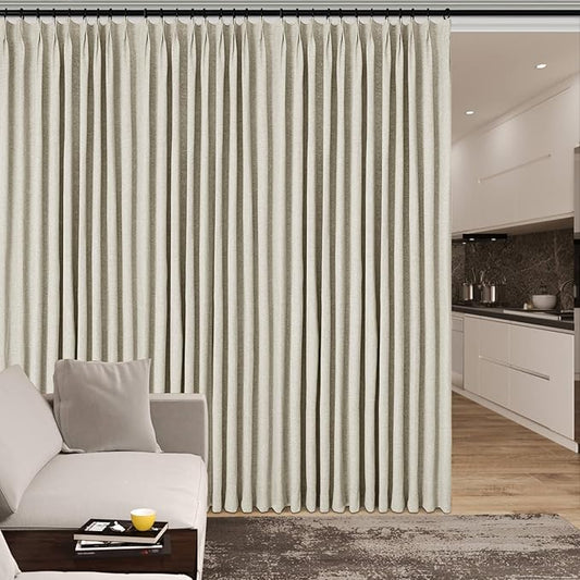 Extra Wide 100% Blackout Linen Textured Curtains - Room Dividers, W200 x L84 (1 Panel), Pinch Pleat Drapes for Living Room, Full Light Block Out Drapery for Sliding Door, Ivory White