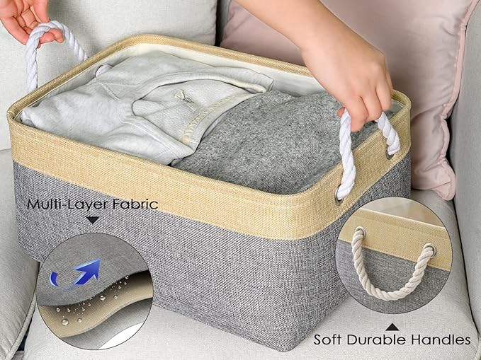 TheWarmHome Storage Basket - 15.7L×11.8W×8.3H 1 Pack Large Baskets for Organizing Shelves, Storage Bins for Clothes Book Shelf Home Fabric Storage Cubes (Gold and Grey)