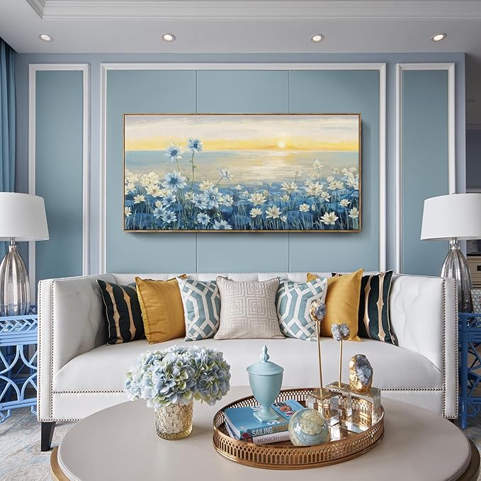 Large Wall Art for Living Room Modern Framed Coastal Beachy Canvas Wall Art Big Floral Sunrise Blue Wall Picture Oversized Lake Nature Sunset Artwork for Office Bedroom Decor