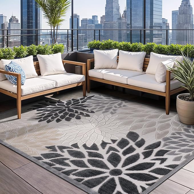 Beverly Rug Outdoor Rug 6x9 Modern Floral Tropical Area Rugs for Indoor and Outdoor Patio Easy to Clean Non Shedding Living Room Porch Garden Washable Outside Carpet (6 x 9 Beige)