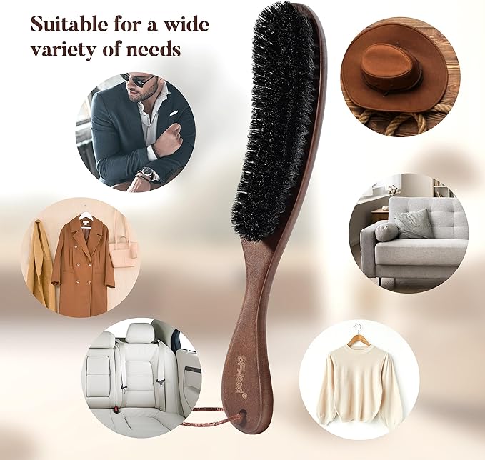 BFWood Clothes Brush - Boar Bristle Lint Brush for Suits, Cashmere, Wool, Velvet, Suede and Pet Hair - Large Black Walnut Wood Handle