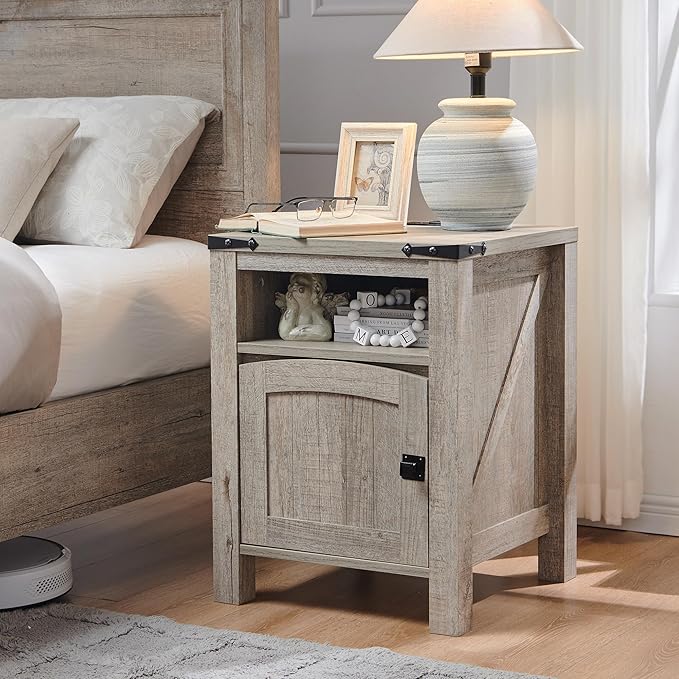 OKD Farmhouse End Table with Charging Station, 18" Rustic Nightstand with Adjustable Storage Shelf, Wood Rustic Wood Sofa Side Table for Bedroom