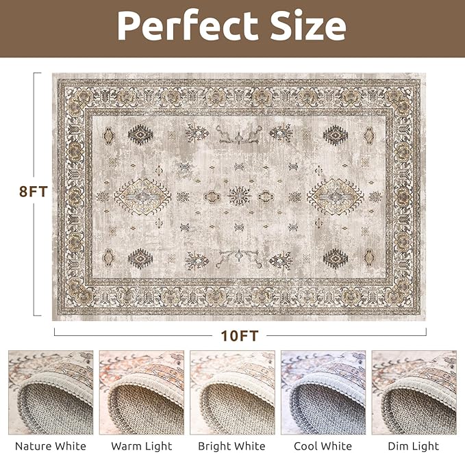 AMOAMI-Vintage Area Rug 8X10 Brown Rugs for Living Room-Soft Living Room Rug Non Slip Rugs for Bedroom Carpet Machine Washable Rug for Dining Room Bedside Office Room Decor