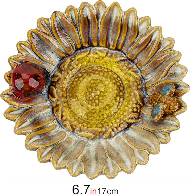 Sunflower Jewelry Dish Trinket Tray Ceramic Key Tray Bowl for Entryway Table, Sunflower Candy Dish Soap Holder Decorative Bowl for Home Decor Kitchen Sink Bathroom Counter (Bee, Ladybug)