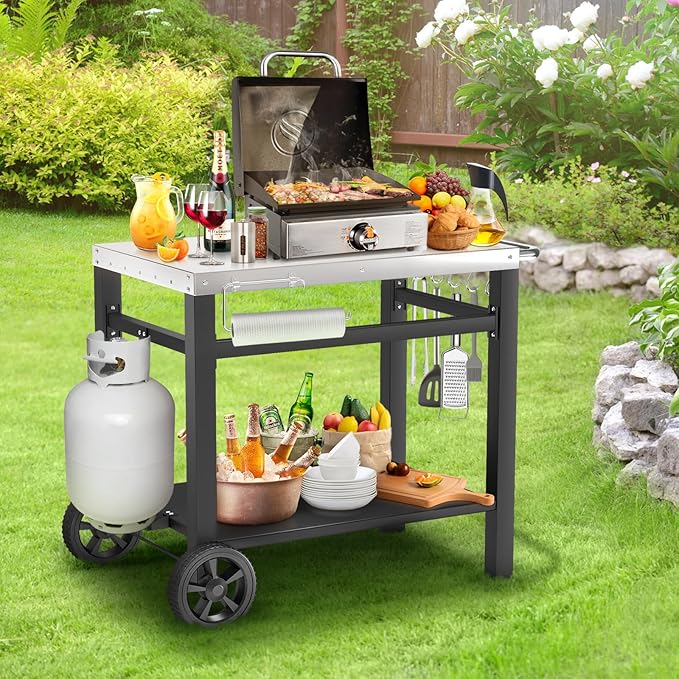 Outdoor Grill Table, Movable Dining Cart, Pizza Oven Table Stand, Double-Shelf Grill Stand, Food Prep and Work Cart with Wheels, Hooks, Fits for Blackstone Ninja