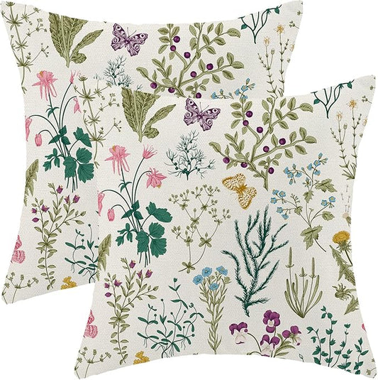 CXMEIFLY Spring Pillow Covers 18 x 18 Inch Set of 2 Vintage Sage Green Teal Wild Flowers Decor Throw Pillows Leaves Plant Outdoor Farmhouse Decorative Cushion Cases for Couch Bed Sofa Decoration