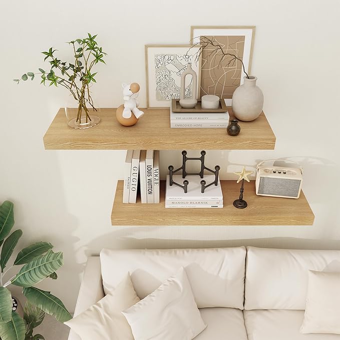 Floating Shelves 36 Inch Long, 12 Inch Deep Floating Shelves for Wall, 36 x 12 Shelves for Wall Storage & Display, 2" Thick Floating Shelf for Bathroom, Living Room, Bedroom, Oak Color, Set of 1