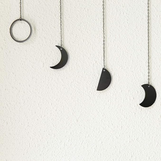 Mkono Moon Phase Wall Hanging Boho Aesthetic Room Decor Metal Moons Garland Hanging Art Bohemian Home Decoration for Girls Room Nursery Bedroom Livingroom Dorm, Ideal, Black, 55"