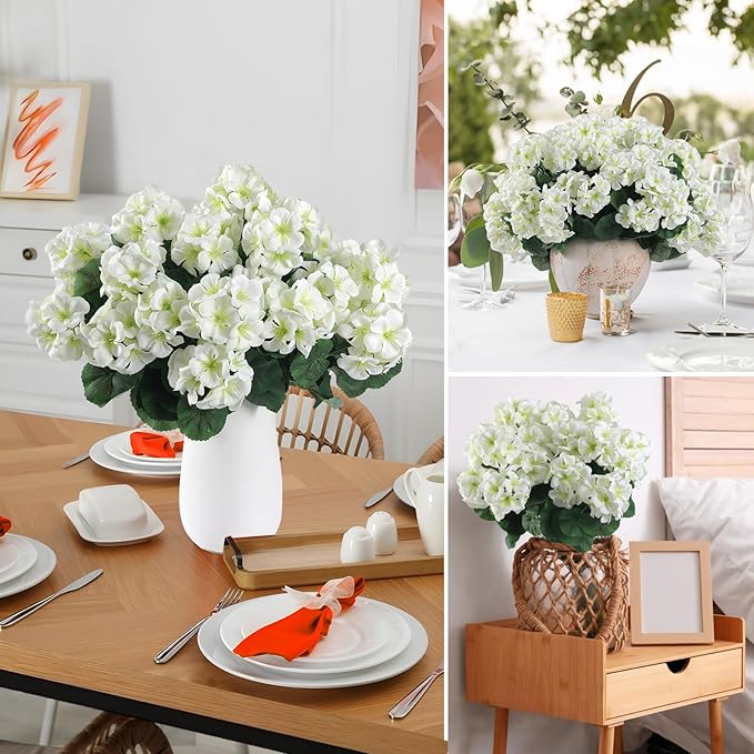 Hananona 12 Pcs Artificial Geranium Flowers for Outdoors Geranium Silk White Flower Outdoor UV Resistant Garden Plants Faux Flowers for Home Kitchen WeddingTable Centerpieces Decor (12, White)