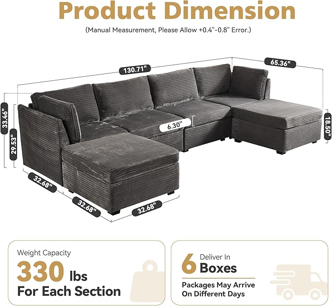 Modular Sectional Sofa, 130.7 Inch U Shaped Couch Set for Living Room, 4-Seater Comfy Cloud Couches with Two Movable Ottoman, Plush Corduroy, Gray