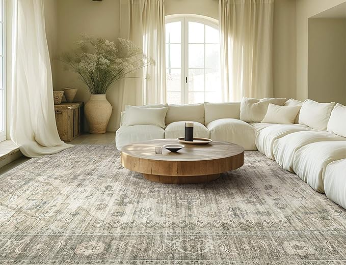 Washable Area Rugs for Living Room -10x12 Neutral Vintage Distressed Floral Farmhouse Boho Large Soft Floor Rug Indoor Non Slip Carpet for Living Room Bedroom Dining Room Office -Brown/Tan