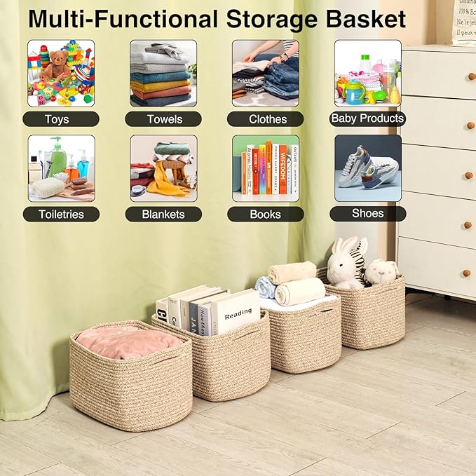Small Storage Baskets for Shelves Organizing, Woven Cotton Rope Baskets for Storage, Book Basket, Decorative Shelf Basket, 12.5"Lx9.1''Wx7.9''H (4 Packs) Brown