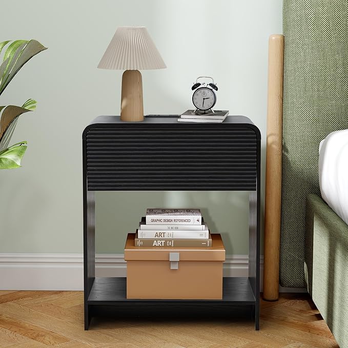 Fluted Nightstand Set of 2 with Charging Station, Modern Bed Side Table End Table with Drawer Storage, Large Wooden Night Stands Bedside for Bedroom Living Room Sofa Office, Black 2 Sets