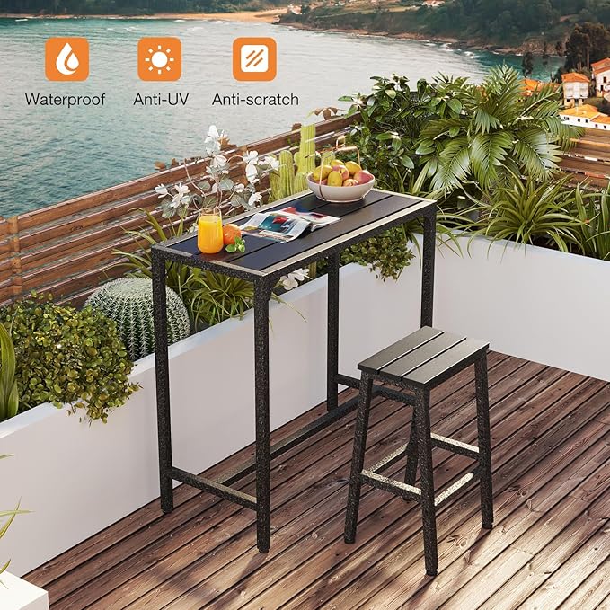 ODK 39 Inch Outdoor Bar Table, Patio Counter Bar Height Table with Weather Resistant Waterproof Top for Hot Tub Garden, Yard, Balcony, Poolside, Indoor (Black)