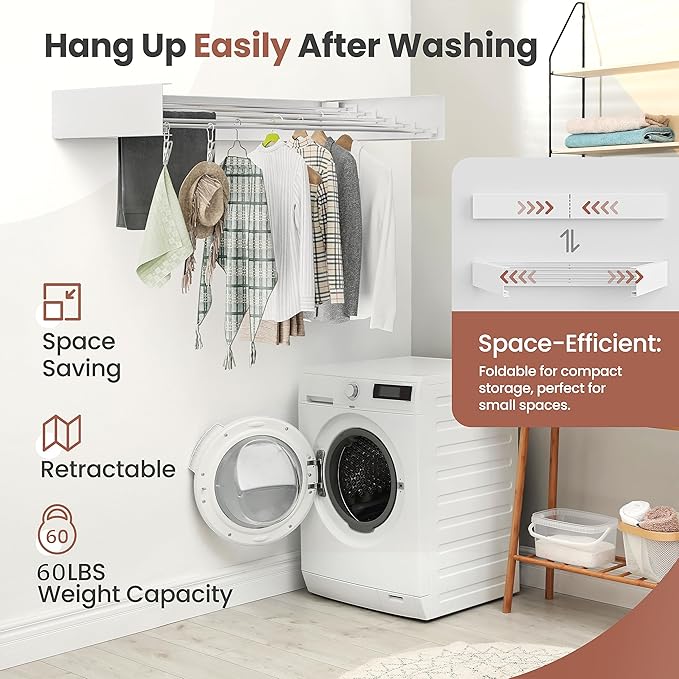 Foldable Wall-Mounted Drying Rack, Heavy-Duty 60 lb Capacity – Space-Saving Folding Laundry Hanger with 10 Clips, Rust-Proof Aluminium Clothes Dryer for Indoor & Outdoor Use