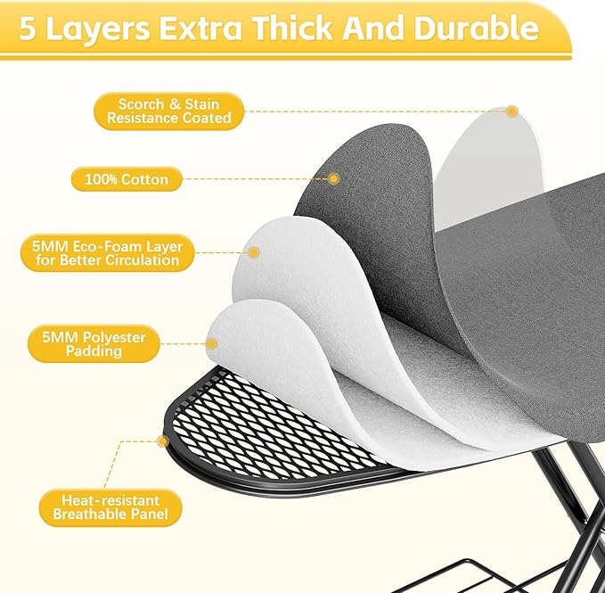 Full Size Ironing Board, 18x51 Iron Board with Metal Panel Stretchable Iron Rest, Adjustable Height Heavy Duty Heat & Scorch Resistant Cover Ironing Board, for Home, Laundry, Black