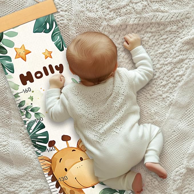 Personalized Name Growth Chart Wall Decor for Kids – Canvas Removable Height Chart Measuring Ruler 59" x 7.9" (Cute Animals)