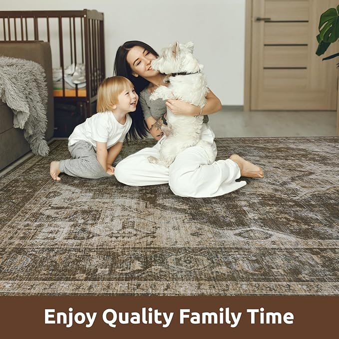 AMOAMI-Area Rug 5X7 Rugs for Living Room-Vintage Soft Coffee&Brown Rugs for Bedroom-Non Slip Carpet-Machine Washable Rug for Dining Room Living Room Bedroom Office Under Table