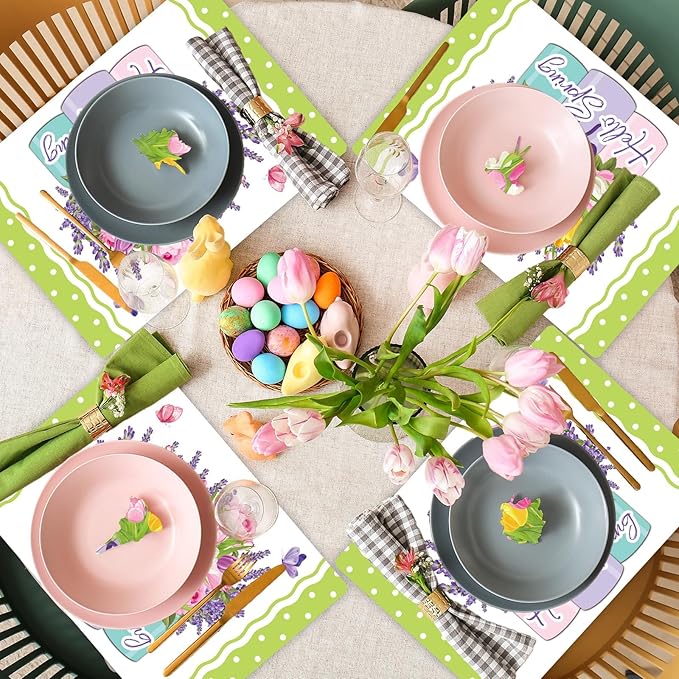 Spring Placemats Set of 6 Easter Plastic Table Mats Tulip Place Mats Washable Vinyl Flower Vase Spring Table Decoration for Indoor Outdoor Party Kitchen Dining
