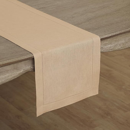 Solino Home Linen Hemstitch Table Runner 48 Inches - 100% Pure Linen Beige Table Runner 14 x 48 Inch Ideal for Dresser and Coffee Tables - Fall, Autumn, Thanksgiving - Classic Hemstitch