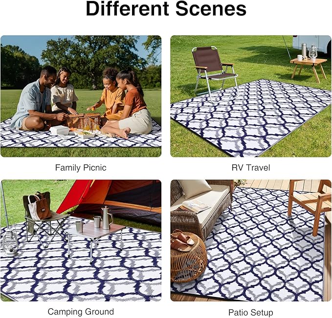 OLANLY Reversible Outdoor Rug 8x10 ft Clearance, Waterproof Outdoor Plastic Straw Rug with Interlacing Pattern, RV Mat for Patio, Camping, Balcony, Deck, Backyard, Navy & White