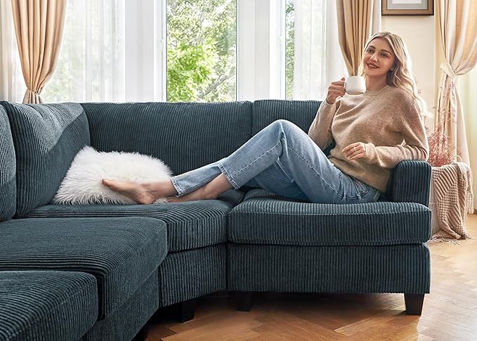 Nolany Sectional Sofa with Storage Ottoman, Corduroy Modular Sectional Couch, U Shape Sectional Couches for Living Room, Blue