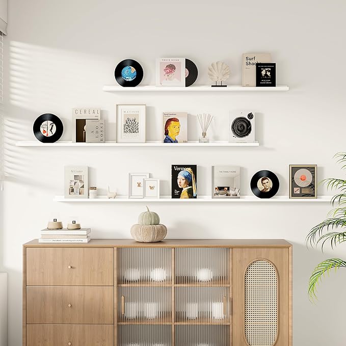 Floating Picture Ledge Shelves for Wall Set of 2, 55 Inches Picture Shelf with Ledge, Nursery Book Shelf for Toys Storage Kids Bookshelf Wall Mounted Living Room Bedroom Decor Frames, White