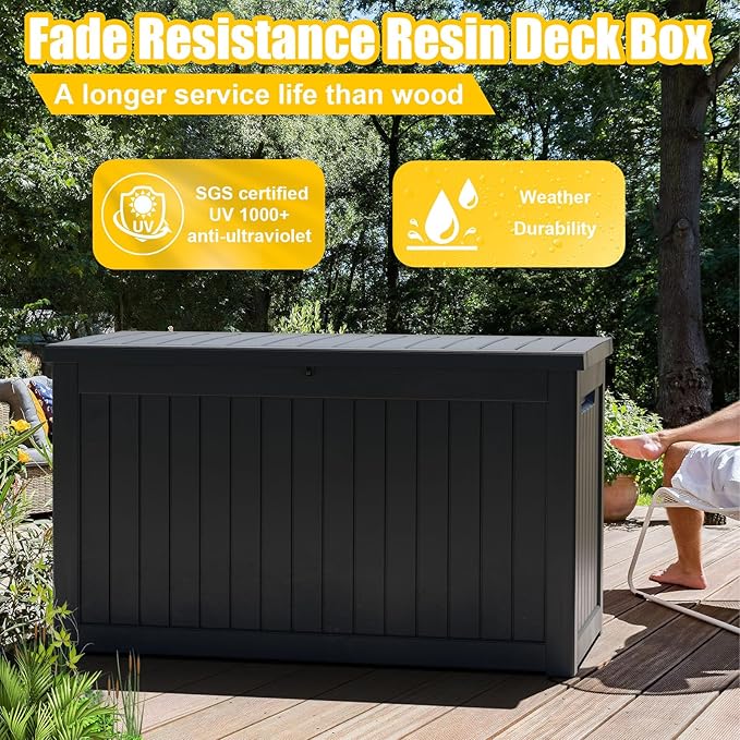 DRATO 230 Gallon Deck Box, Outdoor Large Waterproof Resin Storage Box with Lockable Lid for Patio Cushions, Gardening Tools, Sports Equipment, Black