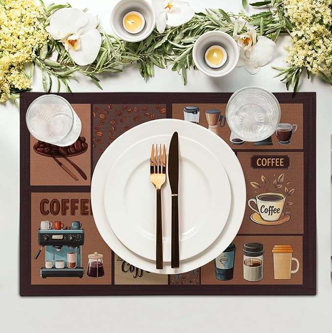 Coffee Theme Placemats Set of 4 Farmhouse Style Brown Linen Fabric Table Mat 12x18 Inch Washable Heat Resistant Non-Slip Place Mats for Home Party Kitchen Dining Decor