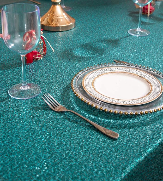 SquarePie Sequin Tablecloth 50 x 72 Inch Teal Sparkly Table Linen for Wedding Party
