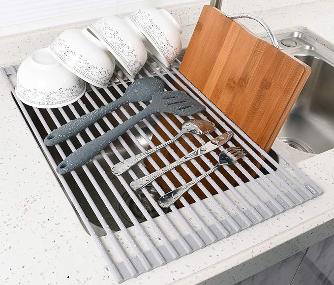 Surpahs Over Sink Foldable Multipurpose Roll-Up Dish Drying Rack, Silicone Wrapped Stainless Steel, Warm Gray, 17.5" x 13.1"