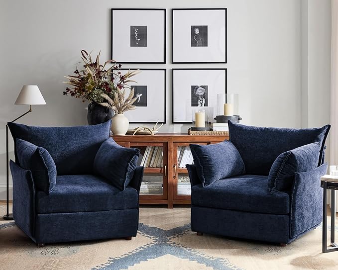 Oversized Accent Chair, Upholstered Modern Sofa Chair with Removable Backrest & Detachable Cover, 24.5" Deep Seat Large Reading Armchair for Living Room Bedroom Office - Chenille Blue Set of 2