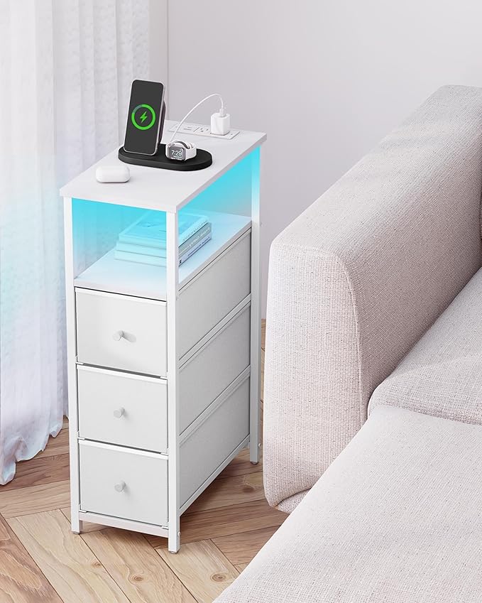 TUTOTAK Narrow LED Night Stand with Charging Station, Slim End Table with Plugins, Tall Side Table with 3 Fabric Drawer, Small Bedside Table with Storage, for Living Room, White TB01BW086L