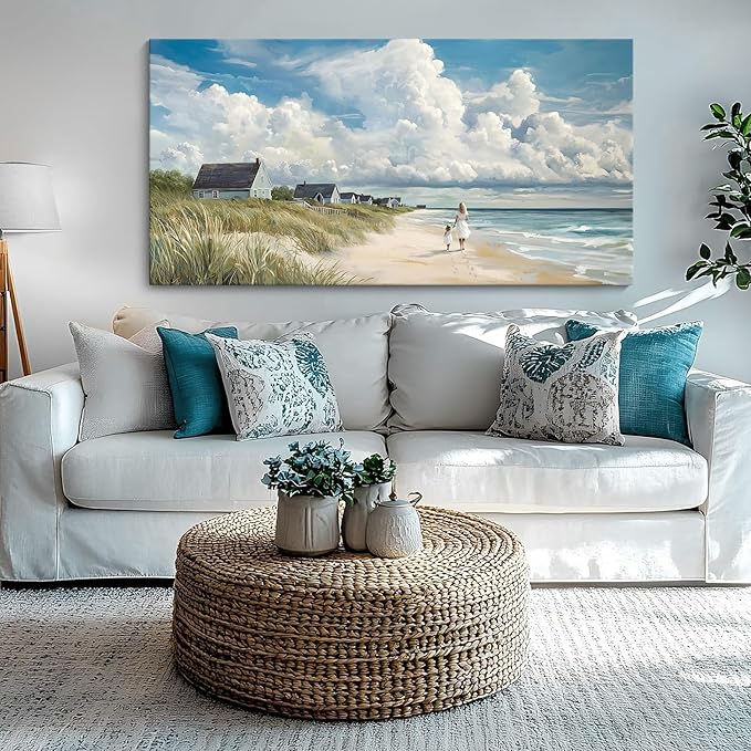 HGUAOA Coastal Canvas Wall Art - Large Landscape Wall Art for Living Room - Ocean and Beach Painting - Blue Artwork for Bedroom Decor - Above Bed Wall Pictures -Beach Theme Print Art