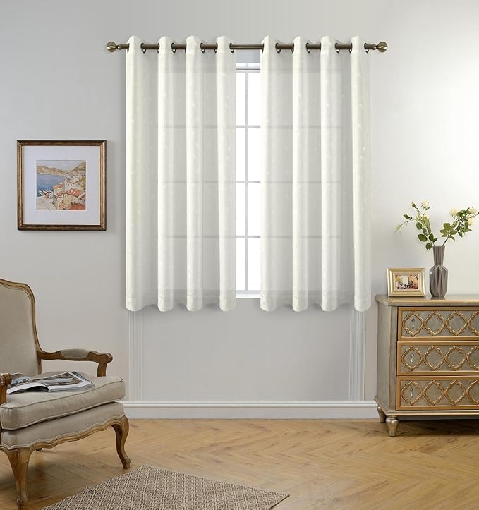 MIUCO Floral Embroidery Semi Sheer Curtains Faux Linen Grommet Curtains for Bedroom 52 x 63 Inch 2 Panels, Off White