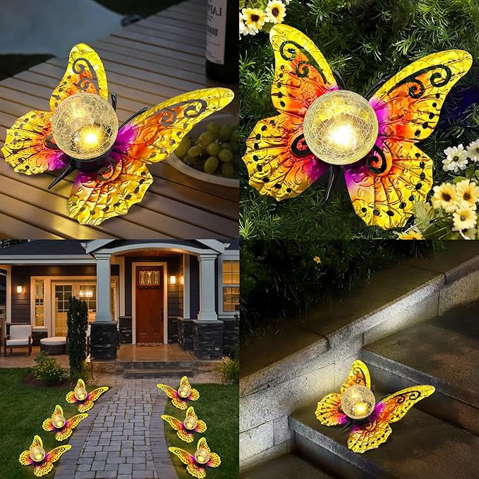 Solar Lights Outdoor Garden Butterfly Decor, Metal Butterfly Statue Decoration with LED Crackle Glass Globe, Solar Powered Lighted Garden Art Decor for Patio Lawn Yard Pathway Tabletop Ground