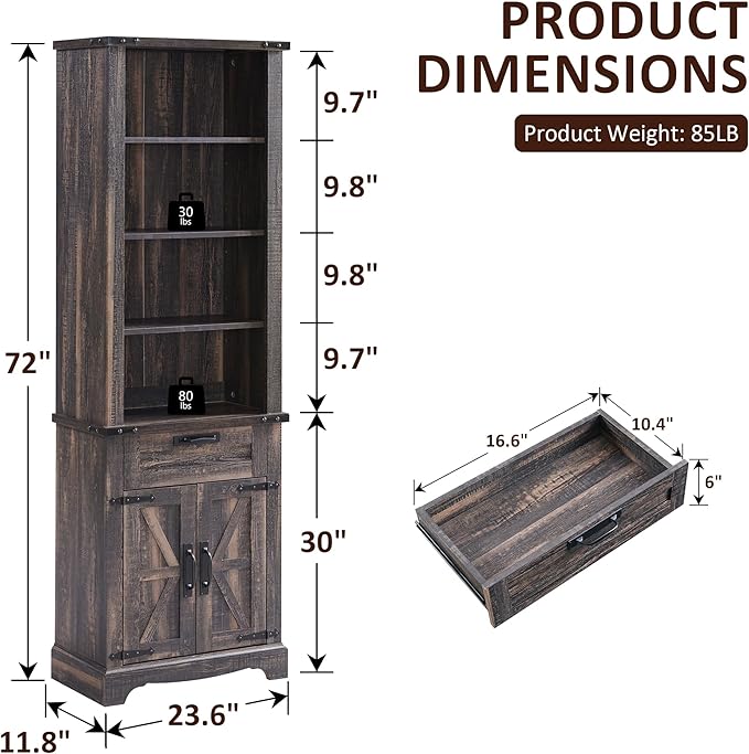 OKD 72'' Tall Bookshelf with Storage, Farmhouse 4 Tier Bookcase w/Barn Door, Adjustable Shelves and Drawers, Rustic Wooden Office Bookshelves for Home Bedroom, Living Room, Library (Dark Rustic Oak)