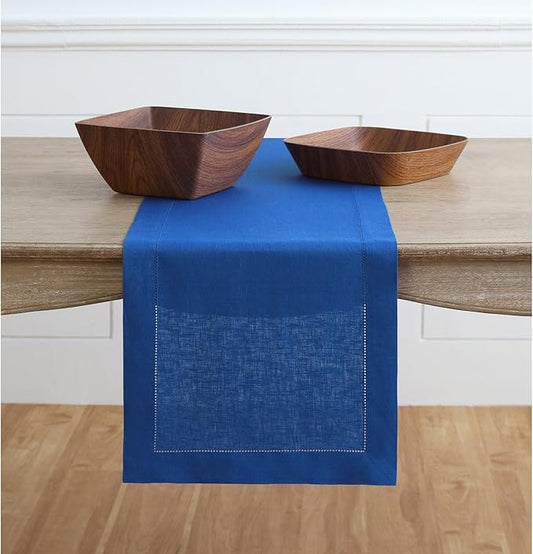 Solino Home Linen Royal Blue Table Runner 90 Inches Long - 100% Pure Linen 14 x 90 Inch Table Runner - Classic Hemstitch