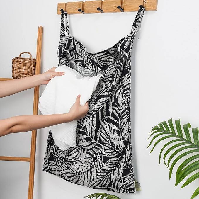 Linen Hanging Laundry Bag, 100% Linen Leaf Print Over The Door Laundry Hamper with Buttons and Zipper, Space Saving Door Hampers for Laundry Dirty Clothes Home Travel, Black, 19.7x27.5inches
