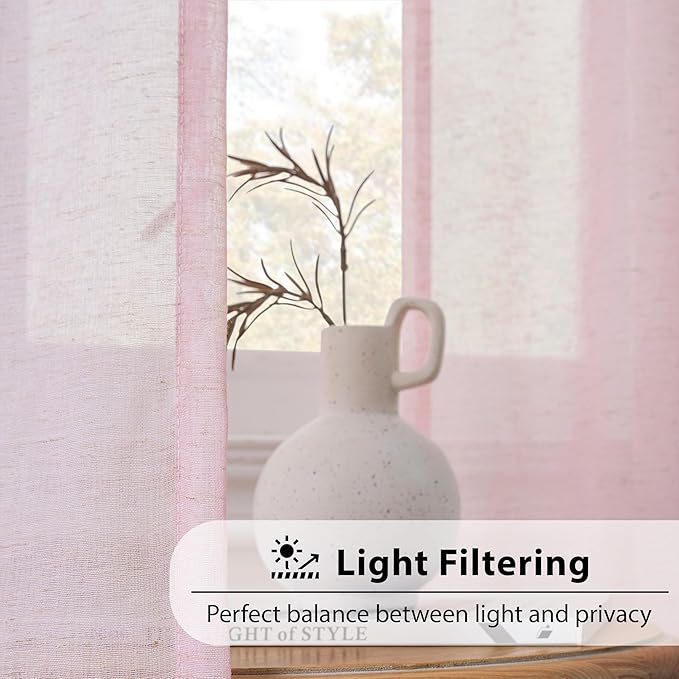 FMFUNCTEX Linen Sheer Curtains for Bedroom, Pink Curtains 84 inches Long for Living Room, Blush Pink Farmhouse French Flax Blend Window Draperies, Rod Pocket 2 Panels Set