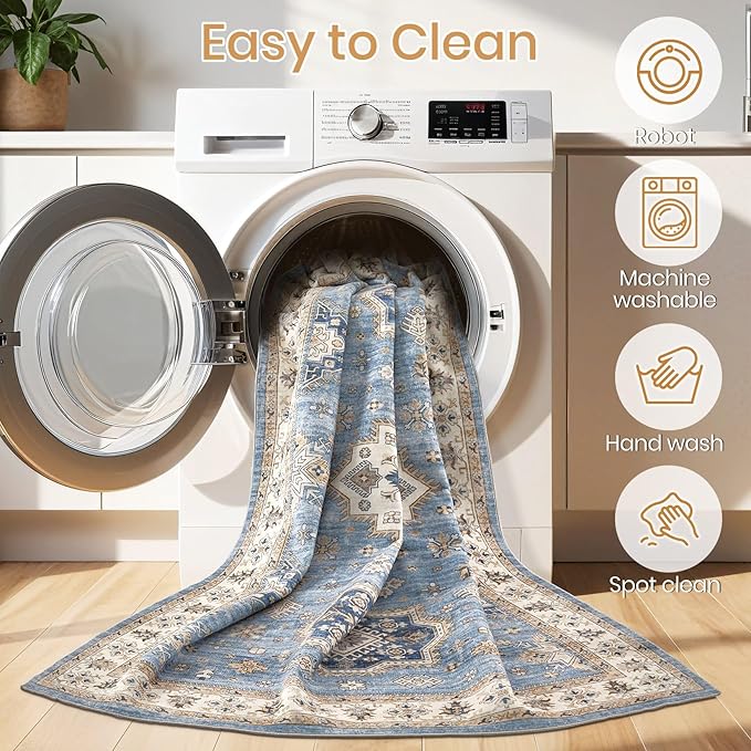 Washable Area Rugs for Living Room -9x12 Neutral Vintage Distressed Floral Farmhouse Boho Large Soft Floor Rug Indoor Non Slip Carpet for Living Room Bedroom Dining Room Office - Blue