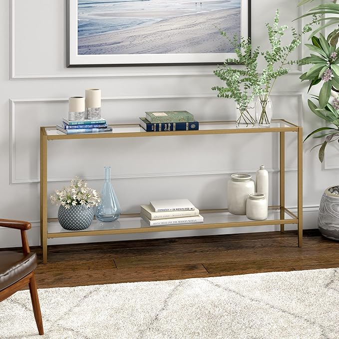 Henn&Hart 64" Wide Rectangular Console Table with Glass Shelf in Brushed Brass, Entryway Table, Accent Table for Living Room, Hallway