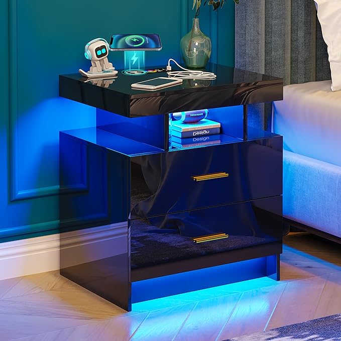 Night Stand with Light, High Gloss Nightstand with USB/Wireless Charging Station, LED Black Nightstands with Storage Drawers, RGB Side End Table for Bedroom Furniture（Black）